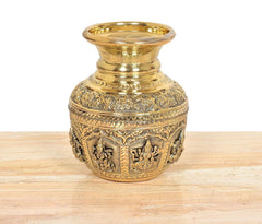 Bronze kalash with relief deity panels and flared top, ornate etched bands
