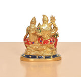 Brass Shiv Parivar idol front-left view, three figures with multicolor motifs