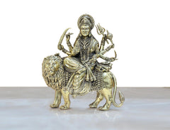 Brass Durga Maa statue with lion mount, full front view, ornate crown and ornaments