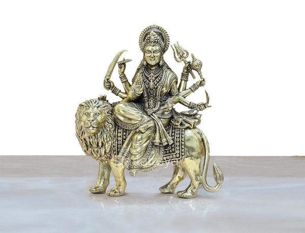 Superfine Brass Durga Maa with Lion Idol Hindu Goddess Sherawali MATA Murti MATA Rani Statue Figurine Home Temple (Height: 7.5 Inch) Entryway Setting