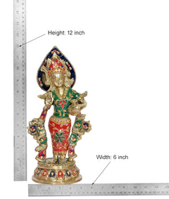Radha brass idol with size guide: height 12 in, width 6 in, blue and red attire