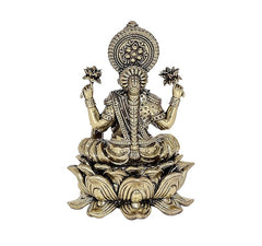 Brass Lakshmi statue idol front view, halo medallion, four arms on lotus