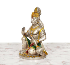 Brass Hanuman JI seated blessing figurine, side view with patterned crown and cloth