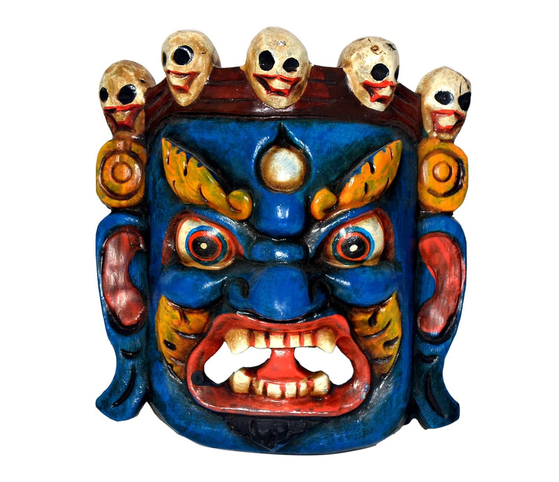 Wooden Mahakala Wall Hanging Mask (Tibetan Buddhist Deity) Height 8 Inch