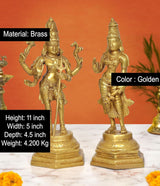 Brass standing Shiva and Parvati statues, golden tone, detailed hand poses