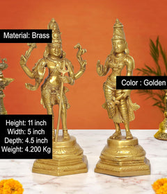 Brass standing Shiva and Parvati statues, golden tone, detailed hand poses