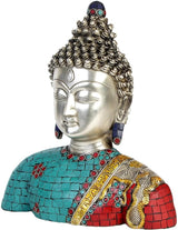Lord Buddha bust statue side profile, jeweled earrings, turquoise-and-red mosaic robe