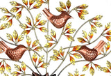Close-up: iron bird tree wall hanging with copper birds and gold leaves