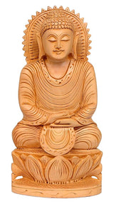 Hand-carved wooden Buddha statue, seated cross-legged, detailed face and robes