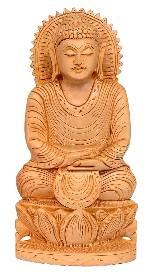 Buddha Statue Handmade Lord Buddha Sitting Posture in Lotus Leaf Fine Carved Wooden 8 Inch Sculpture