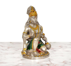 Brass Hanuman JI seated blessing statue, three-quarter view with multicolour drape