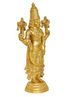 Brass Balaji figurine three-quarter view, sculpted face, detailed draped robe, round base