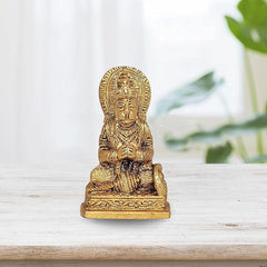 Hanuman Ji brass idol with golden finish, seated with hands folded on ornate pedestal