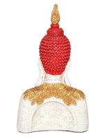 Resin Buddha statue from behind, red beaded crown, gold robe pattern, white body