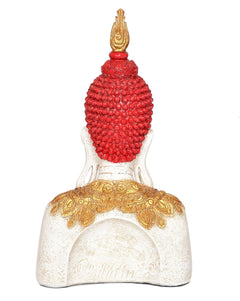 Resin Buddha statue from behind, red beaded crown, gold robe pattern, white body