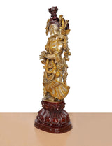 Radha Krishna brass idol, gold deity figure with maroon crown and detailed red base
