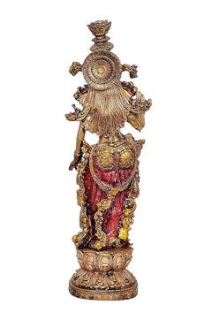Radha Rani resin idol, rear view with fan-like halo and red-gold garment details