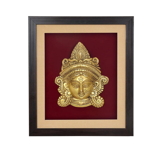 Brass Maa Durga Face Mask Idol with Frame Wall Hanging (Height: 12.5 Inch) (Golden)