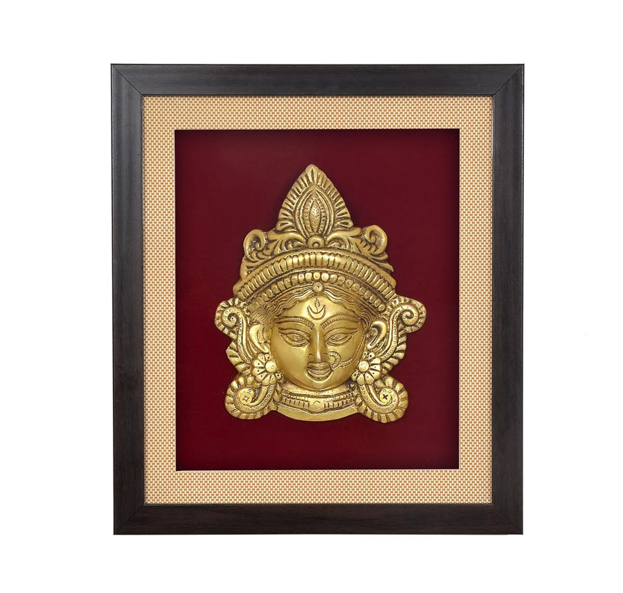 Brass Maa Durga Face Mask Idol with Frame Wall Hanging (Height: 12.5 Inch) (Golden) Craft Detail