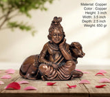 Copper Bal Gopal with cow idol, seated pose, ornate jewelry details, 3 inch