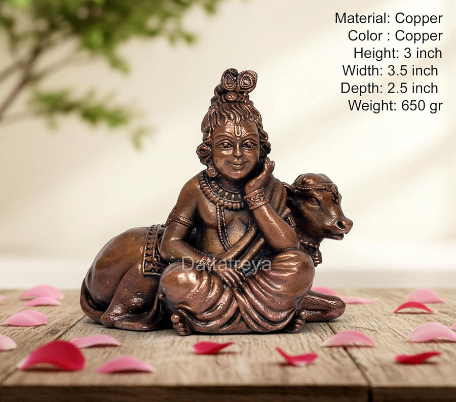Copper Lord Bal Gopal with Cow Idol (Height:3 Inch) Craft Detail