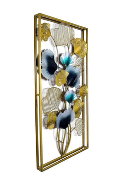 Iron flower frame with gold rectangle border and layered blue, white, and yellow petals