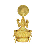Brass chariot statue base view, ornate cart with sun-disc figure above