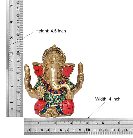 Brass Lord Ganesha Idol Ganesh Statue Decorative Sculpture for Home Decor Office Mandir Pooja Showpiece (Height 4.5 Inch) (Multicolor)