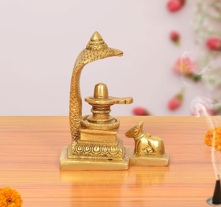 Brass Shivling with Nandi and Naag Idol (Height 4 Inch)