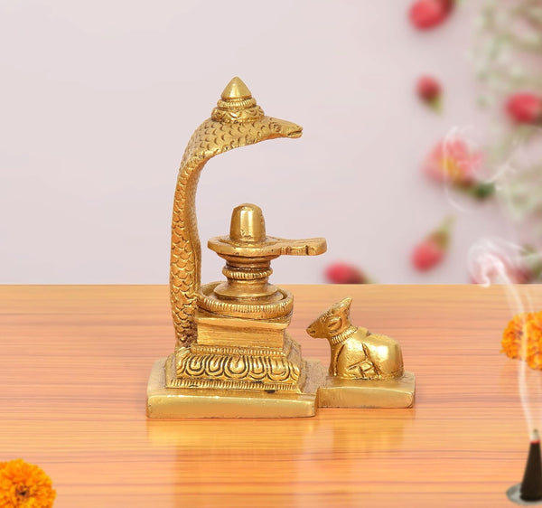 Brass Shivling with Nandi and Naag Idol (Height 4 Inch) Mandir Setting