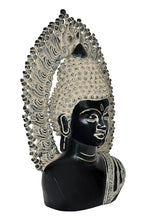 Angled Buddha bust idol in black with silver fan-shaped halo