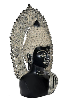 Angled Buddha bust idol in black with silver fan-shaped halo