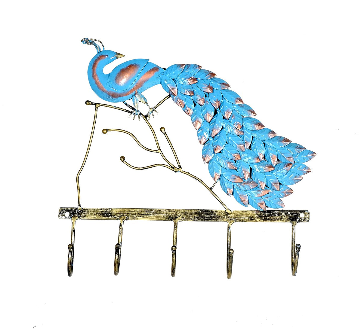 Iron blue peacock wall key hanger with decorative tail and five hanging hooks