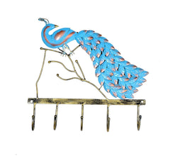 Iron blue peacock wall key hanger with decorative tail and five hanging hooks