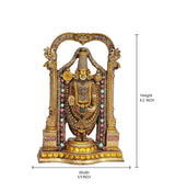 Tirupati Balaji idol, 8.2 in high x 5.5 in wide; gold arch with bead garlands