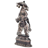 Ganesha in ottone con parasole sopra la testa, gamba in avanti, base a motivi incisi