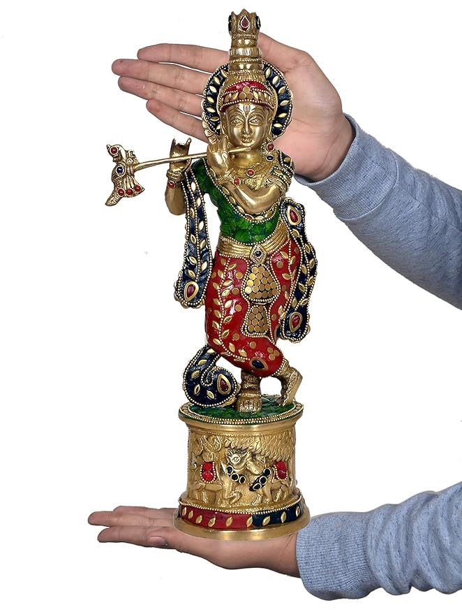 Home Decor Brass Krishna with Flute Idol Krishna (Multicolour, Height 15 Inch)