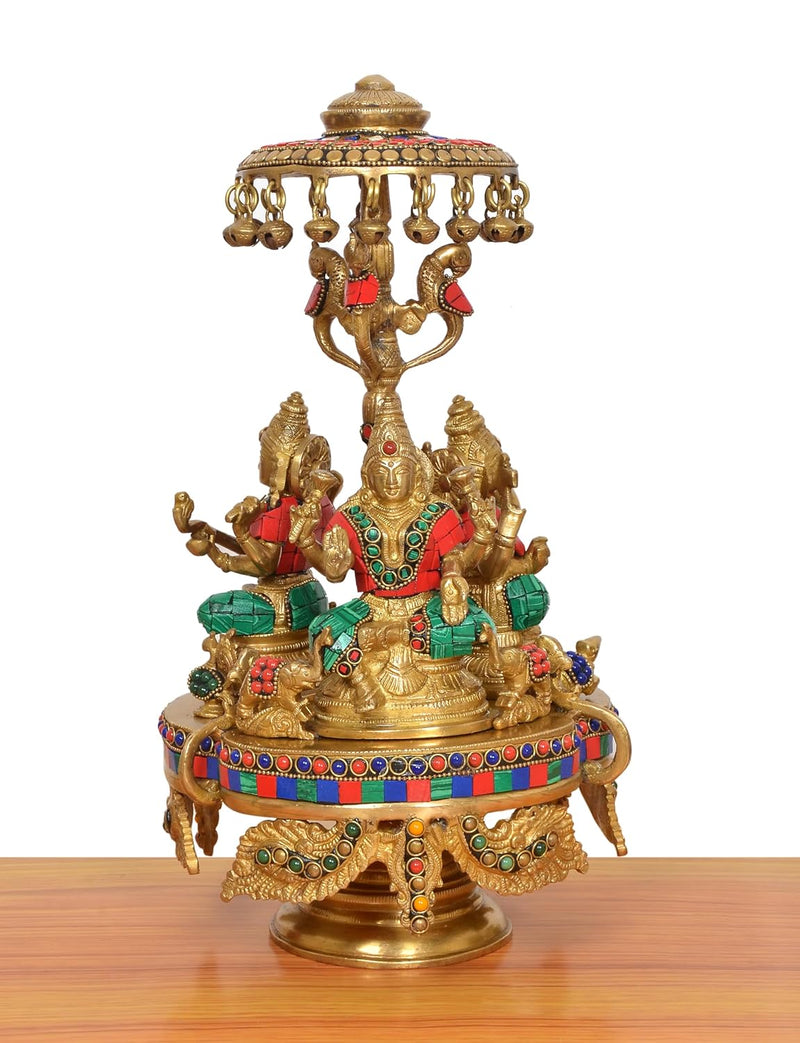 Brass Lakshmi Ganesha Saraswati Idol Seated On Moving Chowki with Parasol Temple Murti (Height: 14 Inch)