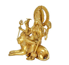 Brass Durga Maa sculpture on lion, side view with multiple weapons