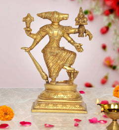 Brass Varaha Lakshmi Varaha statue holding Bhudevi, ornate multi-armed deity pose