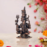 Copper Shiv Parivar showpiece: side view of seated multi-armed bronze deity