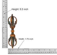 Brass dorje with dimensions shown: height 6.5 in, width 1.75 in, multicolor eight-pronged