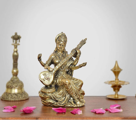 Superfine Brass Maa Saraswati Statue Suited for School Bag  (Height 5 Inch)