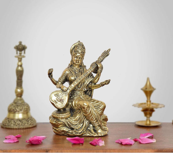 Superfine Brass Maa Saraswati Statue Suited for School Bag  (Height 5 Inch)
