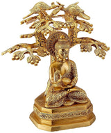Brass Buddha statue under Bodhi tree, seated holding bowl, 9.5 in home decor