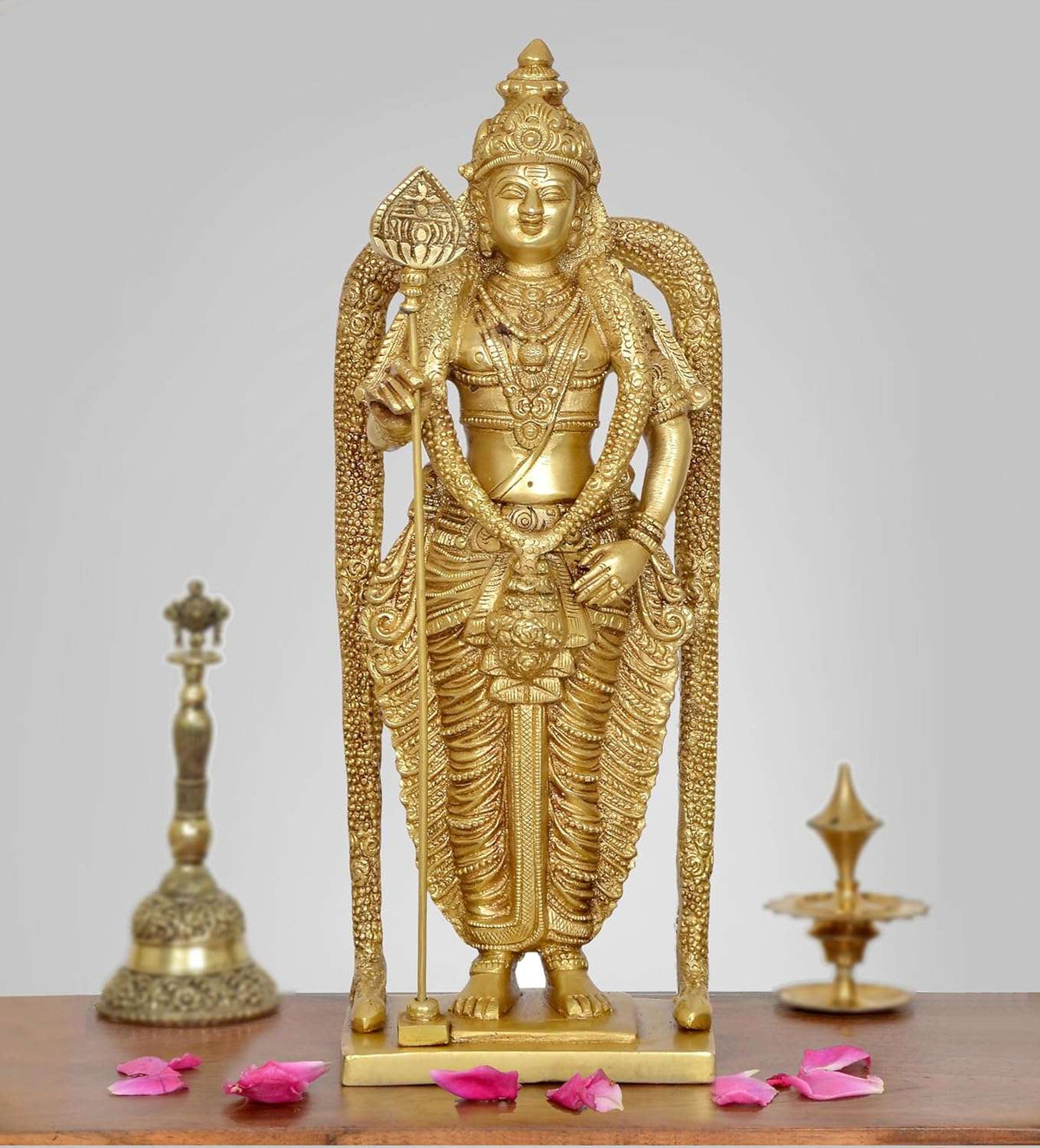 Brass standing Murugan deity statue with spear and ornate drapery, 11.5 inch