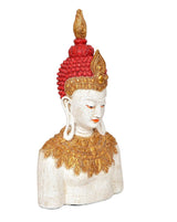 Resin Buddha statue, close side view with red crown and gold chest ornament, white