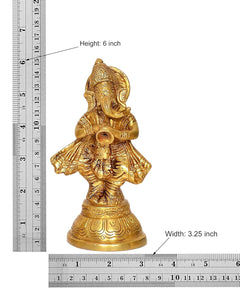6-inch brass musical Ganesha idol with measured size markings; ornate trunk and drum