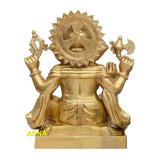 Back view of sitting Lord Ganesha brass figurine with halo-like crown detail, height 31 in.