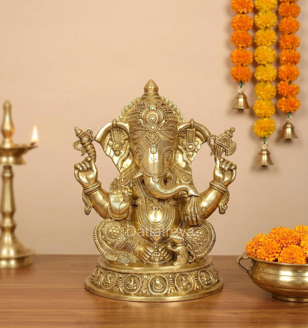 Brass Ganesha Statue Idol Statue Religious Statue Ganpati Bappa (Golden) (Height:16 Inches)